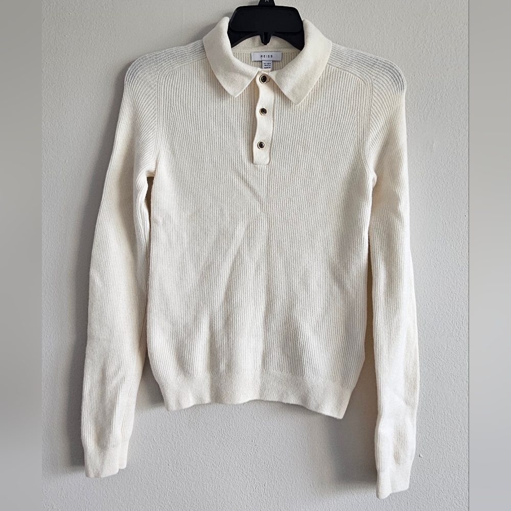 Reiss Ivory Knit Polo Top Sweater 100% Wool Size 11-12Y